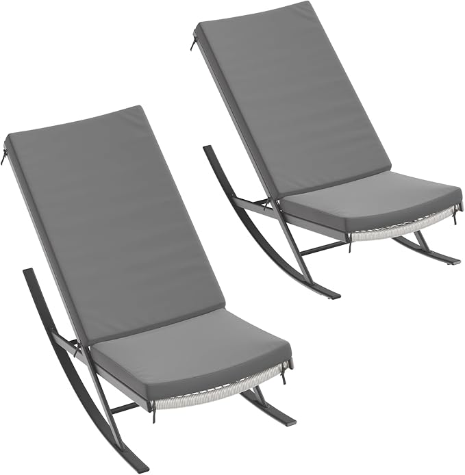 GarveeLife Outdoor Rocking Lounge Chair Set of 2, Patio Chaise Lounge with Removable Cushion for Napping Relaxing, Indoor Reclining Papasan Rocker Chair, Grey