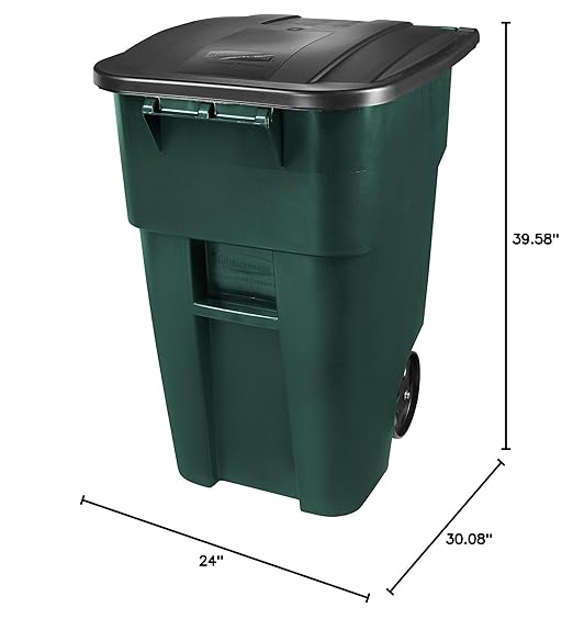 Rubbermaid Commercial Products BRUTE Rollout Heavy-Duty Wheeled Trash/Garbage Can, 50-Gallon, Dark Green, for Restaurants/Hospitals/Offices/Warehouses/Garage