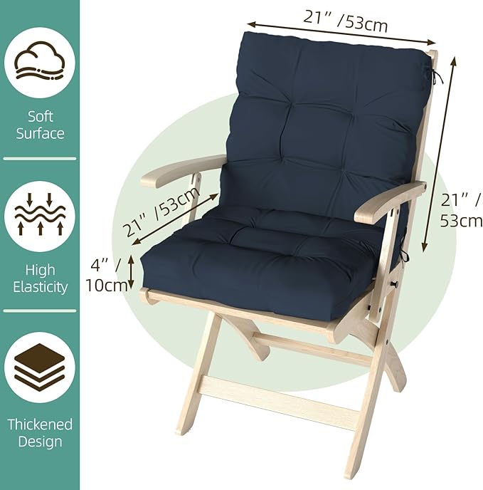Outdoor Chair Cushions Set of 2, 42x21x4 Inch Patio Cushion for Dining/Rocking Chairs, High Back Soft Seat Pad with Ties, Indoor Outside Use, Fade-Resistant & Waterproof, Dark Blue