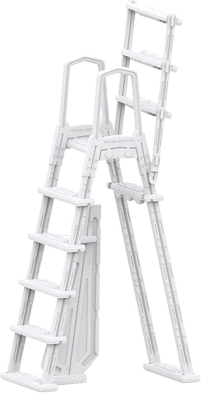 HYDROTOOLS By SWIMLINE 87975 Premium A-Frame Ladder Entry Exit System With Handrails For Above Ground Pools | 48 To 54 Inch Height | With Flip Up Ladder, Slide Lock Safety Barrier & XL Non Slip Treads