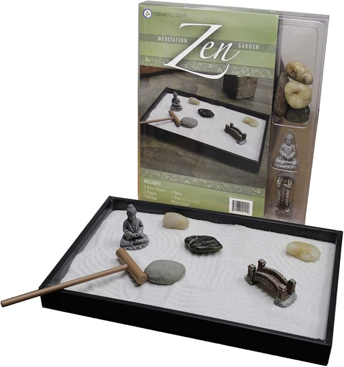 Nature's Mark Mini Zen Garden Kit for Desk with Rake, White Sand, Buddha Figure, Bridge Figure and River Rocks, Black Rectangle Base