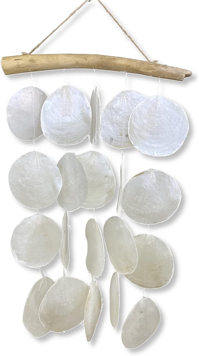 Capiz Wind Chime for Outside – Jumbo Rustic White Shell and Driftwood Windchime Outdoor Garden Patio Décor Gift 18” Long