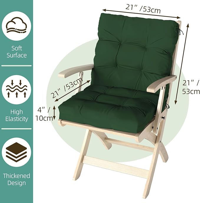 Outdoor Chair Cushions Set of 2, 42x21x4 Inch Patio Cushion for Dining/Rocking Chairs, High Back Soft Seat Pad with Ties, Indoor Outside Use, Fade-Resistant & Waterproof, Dark Green