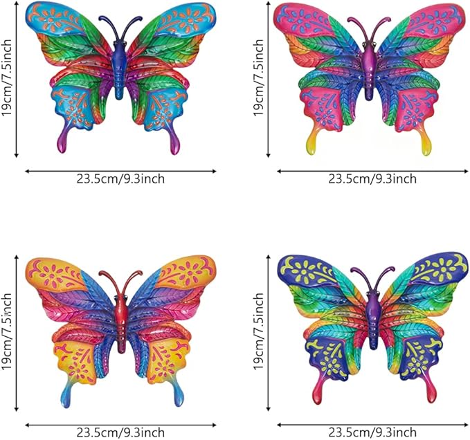 4 Pcs Butterfly Wall Decor Art, Metal Butterflies Outdoor Wall Art with Colorful Leaves, Hand Painted Outdoor Decor for Garden, Yard, Fence, Patio Decoration