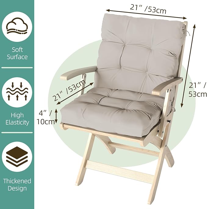 Outdoor Chair Cushions Set of 2, 42x21x4 Inch Patio Cushion for Dining/Rocking Chairs, High Back Soft Seat Pad with Ties, Indoor Outside Use, Fade-Resistant & Waterproof, Beige