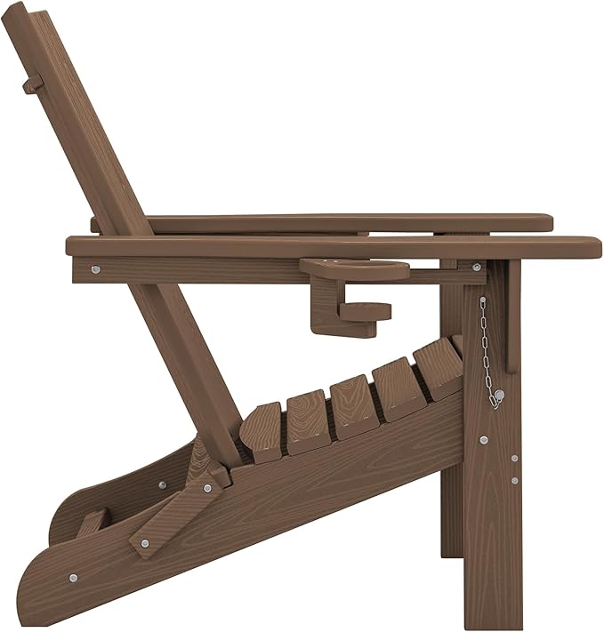 SERWALL Modern Adirondack Chair, Folding Adirondack Chair with Cup Holders, Outdoor HDPE Fire Pit Chair for All Weather Use, Brown