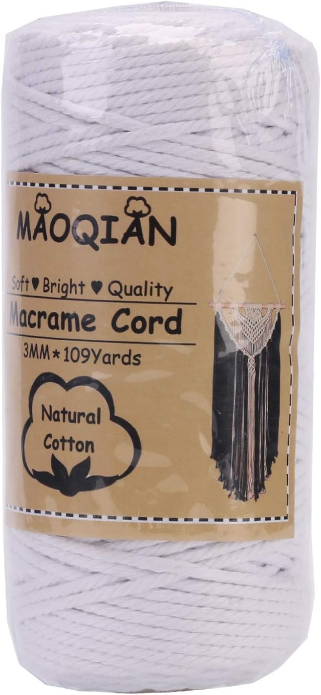 White Macrame Cord 3mm x 109Yards,Colored Cotton Rope Colorful Cotton Cord Soft Craft Cord Twine for Wall Hanging Plant Hangers Crafts Decorative Projects