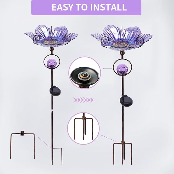 MUMTOP Glass Bird Baths for Outdoors, Flower Bird Baths Bowl with Solar Crackle Glass Globe Lights Decorations and Metal Stake for Outdoor Garden Yard Lawn Outside, Purple