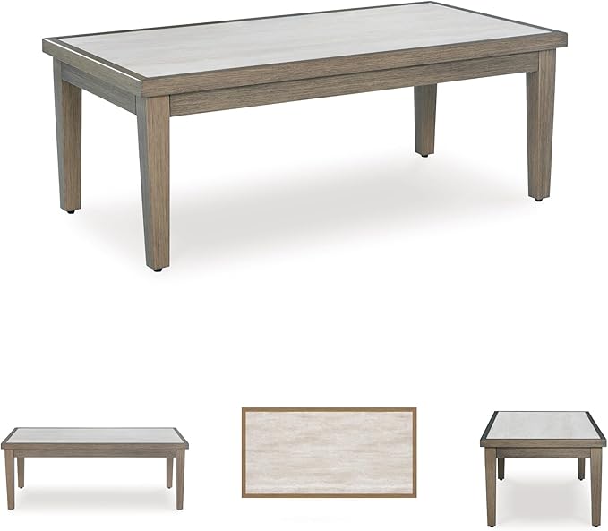 Signature Design by Ashley Rainier Ranch Contemporary Weather Resistant Outdoor Coffee Table with Sintered Stone Top, Light Brown & Beige