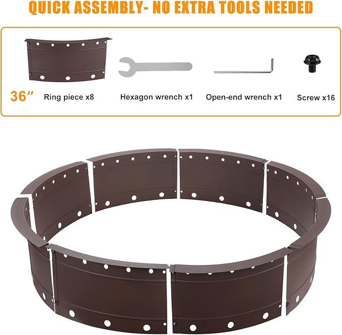 36 Inch Fire Pit Ring, Large Outdoor Campfire Pit for Patio Backyard Garden, Smokeless Steel Firepit with Air Vent for Efficient Burning & Anti-Rust Coating, Brown Steel