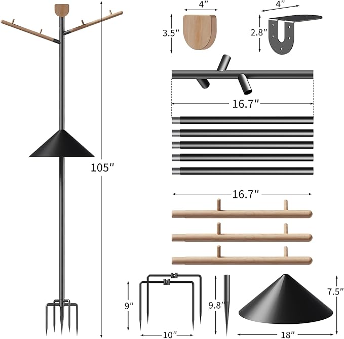 LONA Heavy Duty Bird Feeder Pole - 105 Inch Adjustable Height with 0.9-Inch Dia Bird House Pole Mount Kit for Outdoors, Squirrel Proof Baffle, 5-Prong Base, Feeding Stand for Hanging Feeders