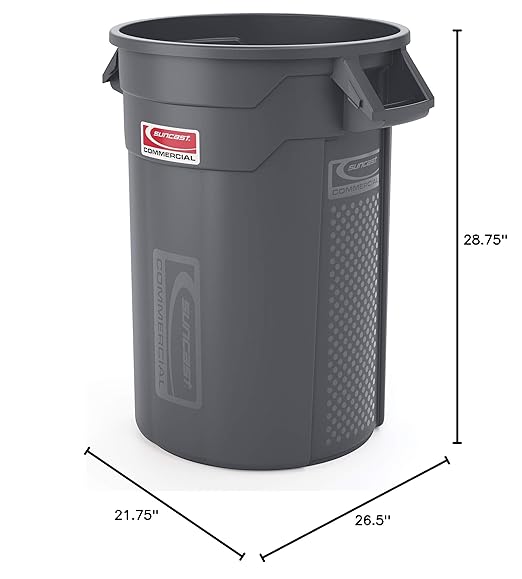 Suncast Commercial Products 32 Gallon Trash Can with Vented Channels, Ergonomic Handles, Rolled Upper Lip, Made in The USA, Gray