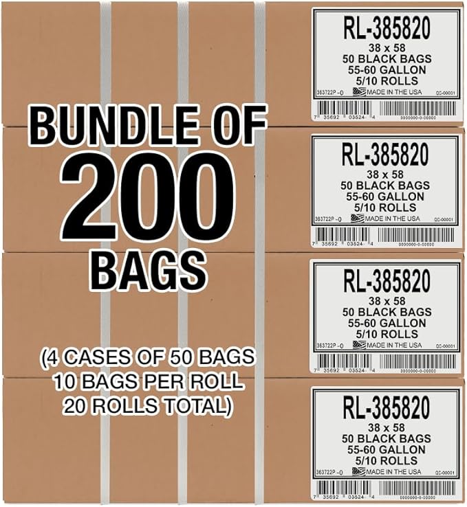 Aluf Plastics Heavy Duty 55 Gallon Trash Bags - (Large 200 Pack/w Ties) - 2 MIL Industrial Strength Plastic Drum Liners 38' x 58' Professional Black Garbage Bags for Construction, Contractors