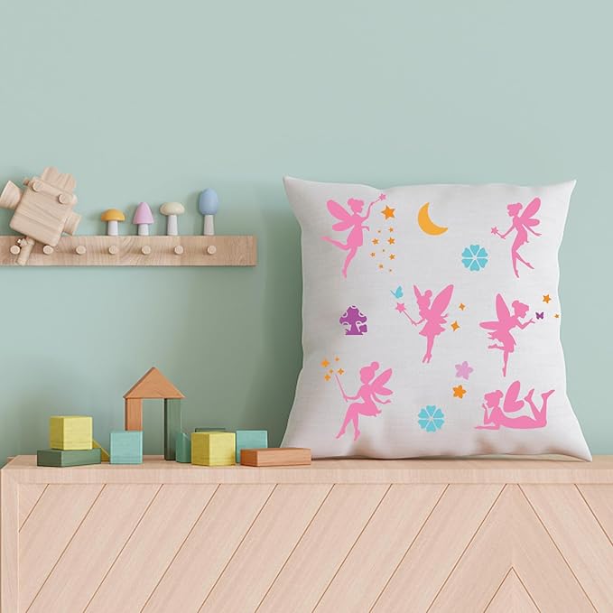 MAYJOYDIY 6pcs Fairy Stencils Little Fairy Drawing Painting Stencils Dreamy Mushroom Butterfly Moon Star Flower Template 6×6inch with Paint Brush Wall Art DIY Home Decor