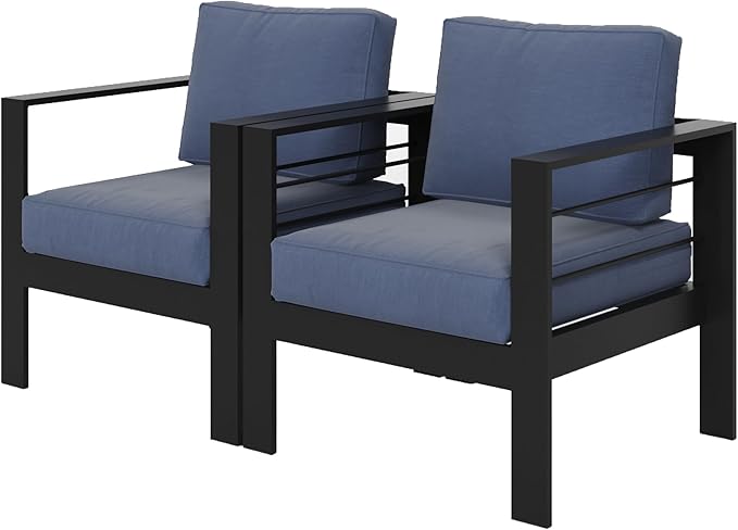 Wisteria Lane 2 Pieces Patio Furniture Aluminum Armchair, All-Weather Outdoor Single Sofa, Black Metal Chair with Blue Cushions