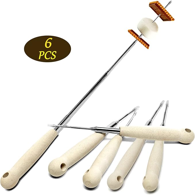 6 Pcs 32 inch Marshmallow Roasting Sticks - Extendable Smores Sticks for Fire Pit Long - Heavy Duty Hot Dog Sticks for Campfire, Premium S'mores, Hot Dog & Camping Cooking Kit