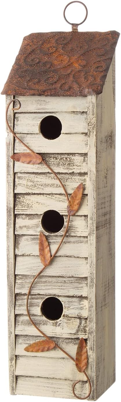 Glitzhome 18" H Wooden Bird House, Hanging Birdhouses for Outdoors, Washed White Distressed Three-Story Cottage Garden Bird House for Chickadee Cedar Wren Sparrow Finch Cardinal