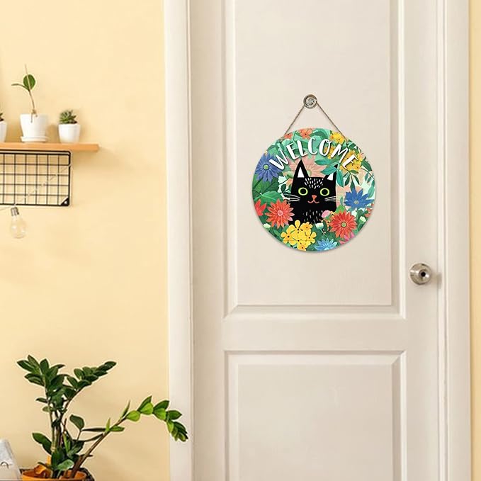 Deroro Welcome Spring Black Cat Sign for Front Door Decor, Daisy Flowers Floral Wood Door Hanger for Outdoor Outside Porch, Seasonal Summer Farmhouse Wooden Wreath Indoor Wall Hanging Decoration