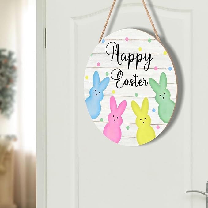 Anyako Happy Easter White Door Sign For Front Door Decor,Cute Bunny Colored Polka Dots Wooden Sign 12"x 12" Round Hanging Spring Door Sign Decoration for Wall Rustic Decor