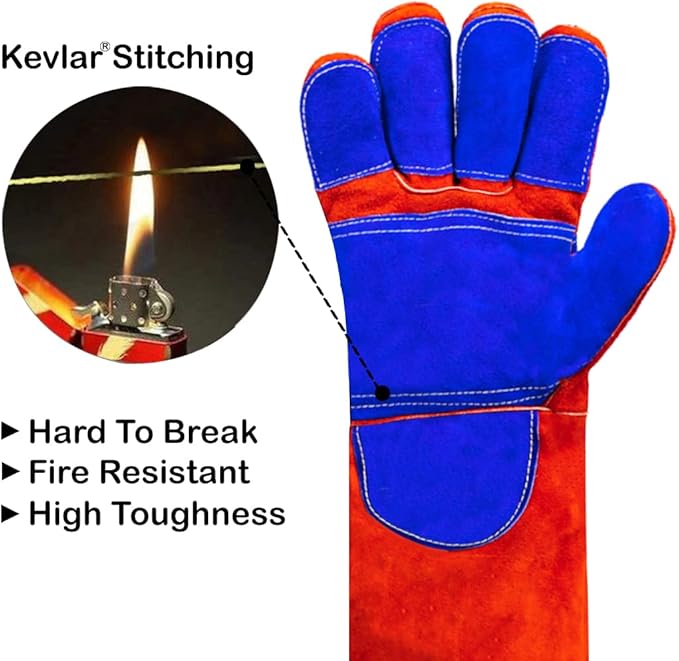 Welding/BBQ Leather Gloves, 16 Inches, Red-Blue, Heat/Fire Resistant, Mitts for Oven/Grill/Fireplace/Furnace/Stove/BBQ/16 inches Extra Long Sleeve