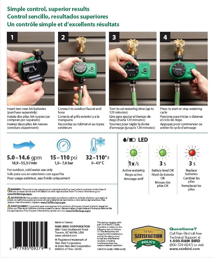 Rain Bird 1ZEHTMRS Simple-Set Hose End Timer, One Zone/Station, Battery Operated, 3/4" Garden Hose Thread, Heavy-Duty Brass Inlet