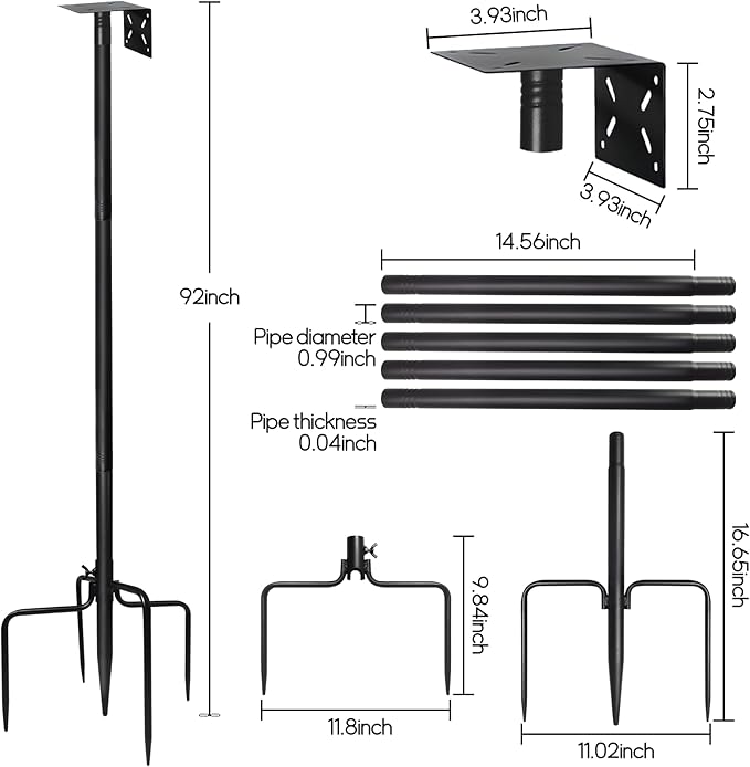 Bird Feeder Pole - 92 Inch/8ft Heavy Duty Bird Feeding Stand with Mount Kit, Adjustable Birdhouse Pole for WildBird Outdoor Garden, Slip-Fit Connection, Black, Stable 5-Prong Base