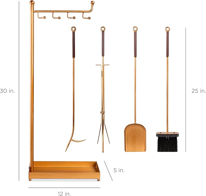 Best Choice Products 5-Piece Modern Contemporary Fireplace Tool Set for Indoor Fireplace Décor, Outdoor Fire Pit w/Poker, Tongs, Dust Pan Shovel, Brush, Ergonomic Handles - Antique Gold