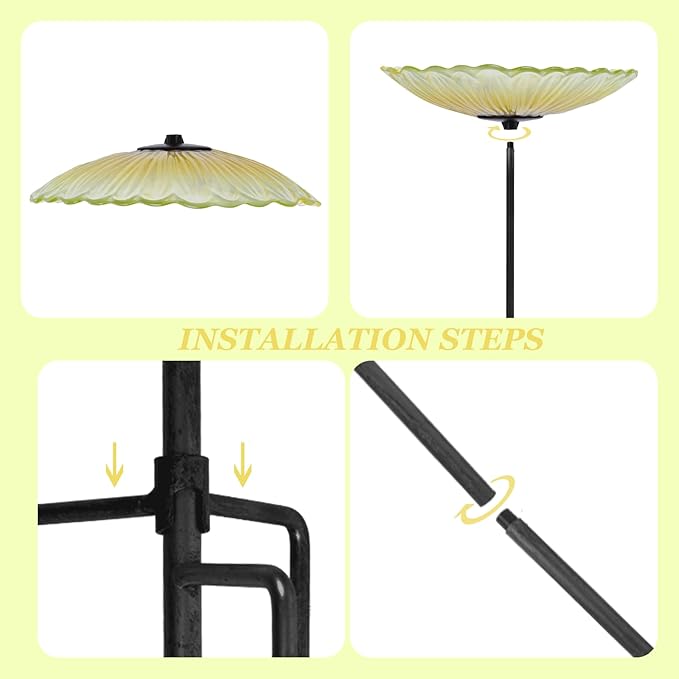 Bird Baths for Outdoors, Glass Birdbaths Outdoor Garden Birdfeeder with Metal Stake for Lawn Yard Decor, 24 Inch Height, Yellow
