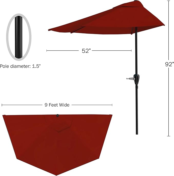 Half Umbrella - 9 ft Patio Umbrella with Easy Crank - Outdoor Patio Shade - Small Canopy for Balcony, Table or Deck by Pure Garden (Red)