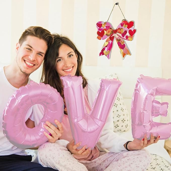 Valentines Day Wall Decor, Valentines Day Door Decorations, Gift for Boyfriend Girlfriend, Romantic Pink Heart Bow Brushstroke Wood Hanging Sign Anniversary Porch Home Office Door Decor