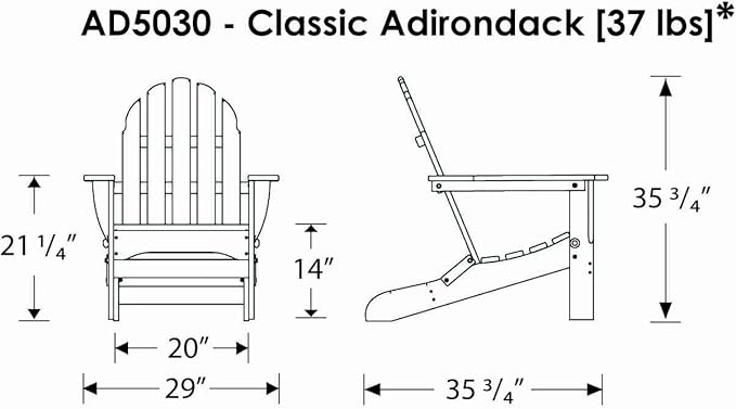 POLYWOOD AD5030TE Classic Folding Adirondack Chair, Height: 35.00" - Width: 29" - Depth: 35.00", Teak