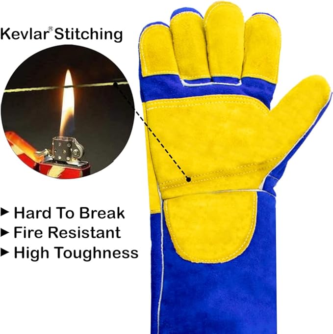 Welding/BBQ Leather Gloves 16 Inches,932℉, Stick Welding Gloves Heat/Fire Resistant, Mitts for Oven/Grill/Fireplace/Furnace/Stove/BBQ/16 inches Extra Long Sleeve (16 Inches, Blue-Yellow)
