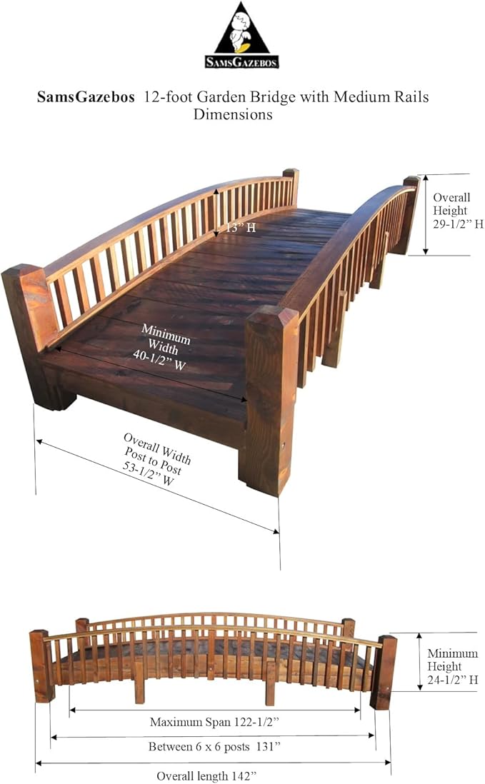 SamsGazebos 12 ft Commercial Grade Garden Bridge with Medium Rails
