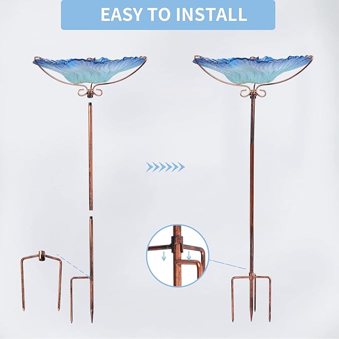 MUMTOP 26 Inch Height Glass Birdbath Birdfeeder with Metal Stake Garden Outdoor Blue