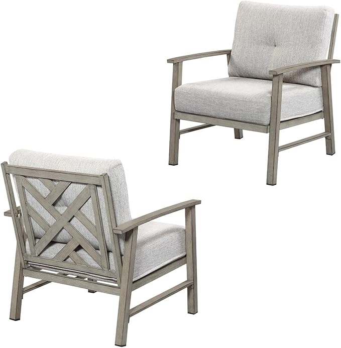 2 Pieces Outdoor Patio Chairs, Outdoor Aluminum Armchair Conversation Set with Thick Cushions, All Weather Patio Furniture Sofa Chairs Set for Garden, Poolside, Lawn, Limed Oak