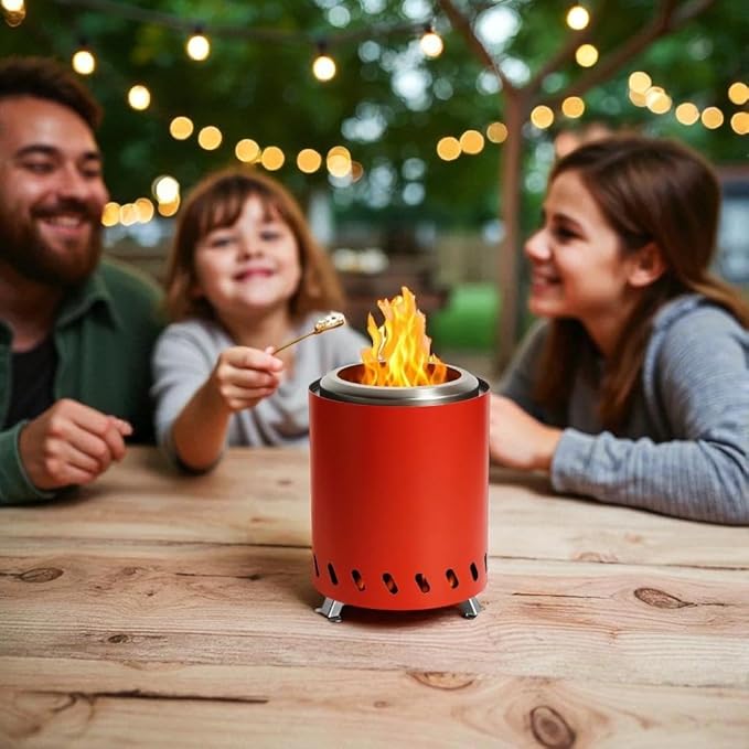 Red Tabletop Fire Pit - Portable Outdoor Camping Stove with Heavy-Duty Grill Grate & True Heat-Resistant Gloves, Low Smoke for Patio & Camping