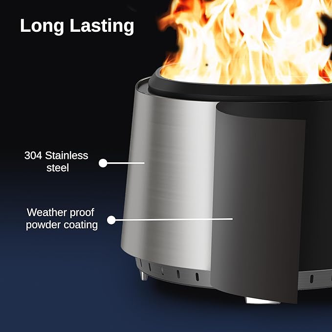 East Oak Camber Smokeless Fire Pit 17'' for Outdoor Patio, 304 Stainless Steel Wood Burning Fireplace, Portable Bonfire Pit with Poker, Stand & Removable Ash Pan for Camping