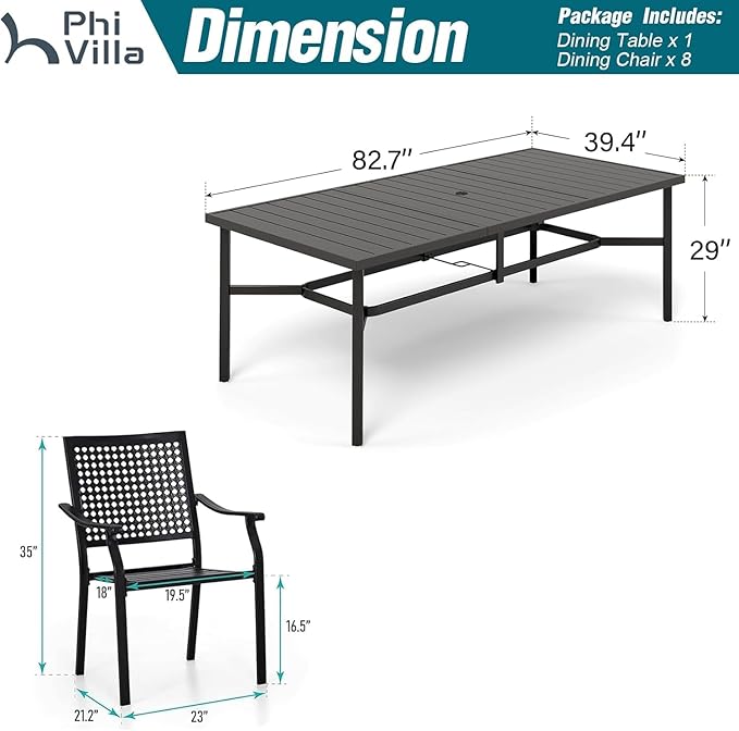 PHI VILLA 9 Pieces Outdoor Dining Set for 8, 83" Rectangular Metal Dining Table with Umbrella Hole & Stackable Wrought Iron Chairs with Cushions, Large Furniture Set for Patio, Deck, Yard, Porch
