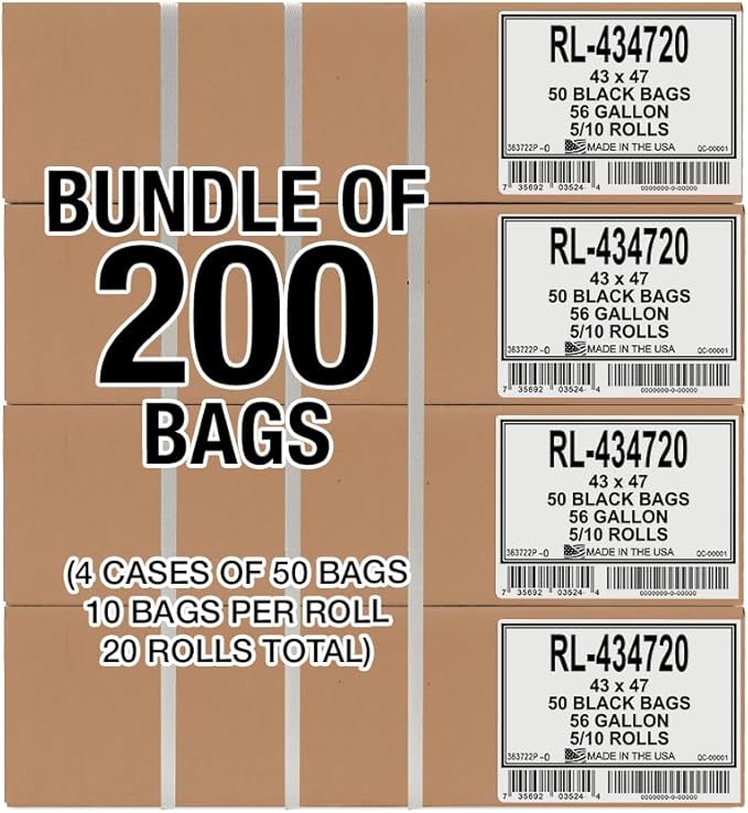 Aluf Plastics 56 Gallon Trash Bags (2 MIL - Pack of 200) 43" x 47" - Large Heavy Duty Can Liners - Plastic Black Garbage Bags for Lawn, Leaf, Contractor, Yard, Outdoor use