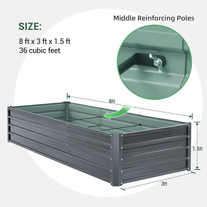 Ohuhu Metal Raised Garden Bed Outdoor 8x3x1.5 FT Reinforced Galvanized Rustproof Colored Steel Planter Boxes for Vegetables, Heavy Duty Raised Beds for Growing Flowers Herbs Succulents