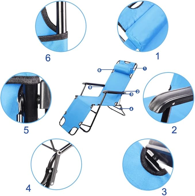 Portable Outdoor Folding Lounge Chair, Camping Chair, Reclining Chair with Pillow,Chaise Lounge for Ioor Outdoor Patio Deck Yard Beach Poolside, Blue