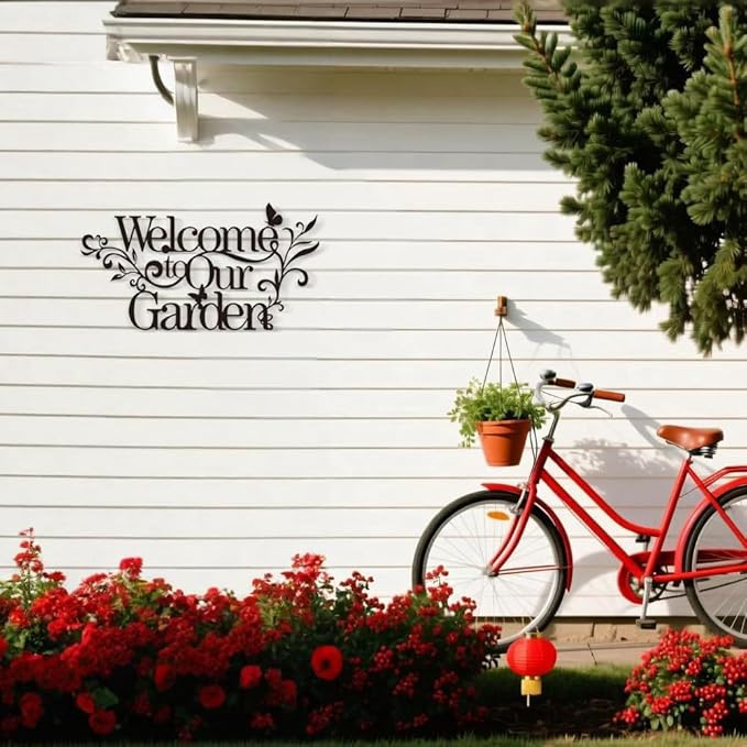Welcome Metal Sign for Outdoor, Rustic 'Welcome to Our Garden' Wall Decor, Black Weatherproof Metal Art for Front Porch, Fence, or Yard, Country Housewarming Gift