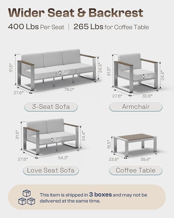 Aluminum Outdoor Patio Furniture, 1 Piece 3-Seat Sofa, All-Weather Metal Modern Outside Sofa for Deck, Porch (LightGray)