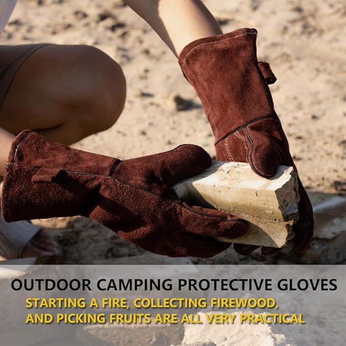 Fireproof Gloves for Fireplace & Fire Pit, Welding Gloves for Men & Women - 14 Inch Heat Resistant Leather Work Gloves (662℉) for MIG/TIG, BBQ, Camping - Premium Cowhide, Durable