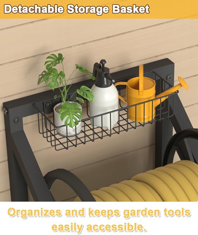 Triangle Wall Mounted Garden Hose Reel, Outdoor Heavy-Duty Water Hoses Holder Winder, Holds 125 Ft of 5/8-Inch Hose, with 3.9 ft Leader Hose, Brass Fitting, Storage Basket for Yard, Black