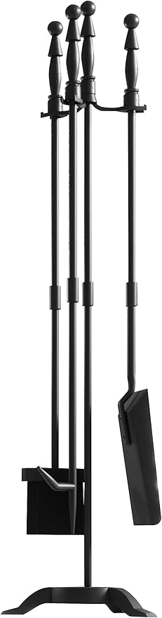 Fire Beauty Fireplace Tools Set 4 Pieces Black Wrought Iron Fire Tool Set for Outdoor/Indoor Include Poker, Shovel, Brush and Stand Accessories Set