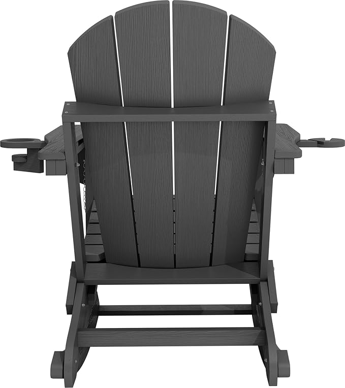 KINGYES Adirondack Rocking Chair Set of 4 with Retractable Ottoman and Cup Holders, HDPE Adirondack Rocker Patio Rocking Chair for Porch, Patio, Balcony, Leaden Grey