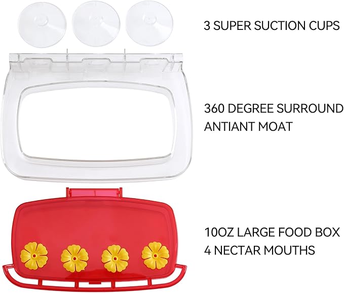 Window Hummingbird Feeder with Strong Suction Cup, Plastic Hummingbird Feeders for Outdoors, Built-in Moat,Easy to Clean and Refil (10oz) (1, Red)