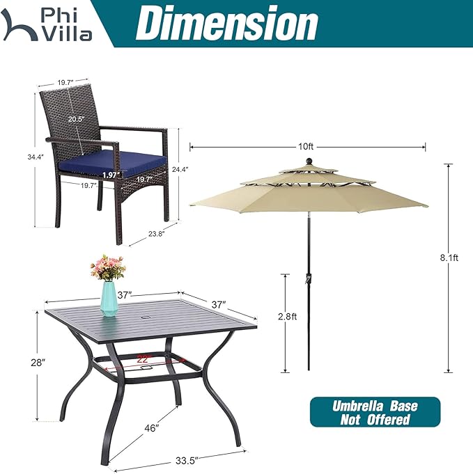 PHI VILLA 5 Piece Outdoor Dining Set with Umbrella, 37" Square Metal Dining Table & 4 Cushioned Wicker Rattan Chairs with 10ft Beige Umbrella for Patio, Deck, Yard, Porch