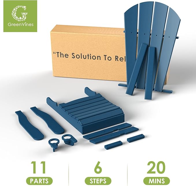 GREENVINES Adirondack-Chairs-with-Ottoman | Set of 2 | Folding | Retractable-Footrest | HDPE Plastic | All Weather Fire Pit Chair | Cup Holders | Blue | for Outdoor Poolside